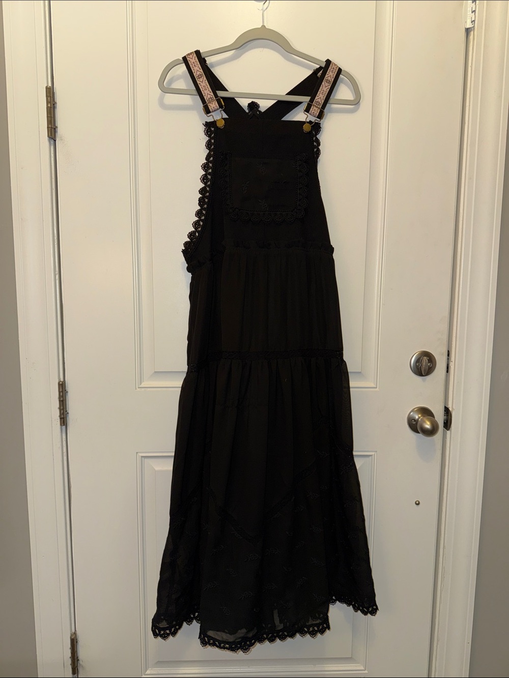 Boutique Black crochet lace Trim Maxi Overall Skirtall Dress size Large